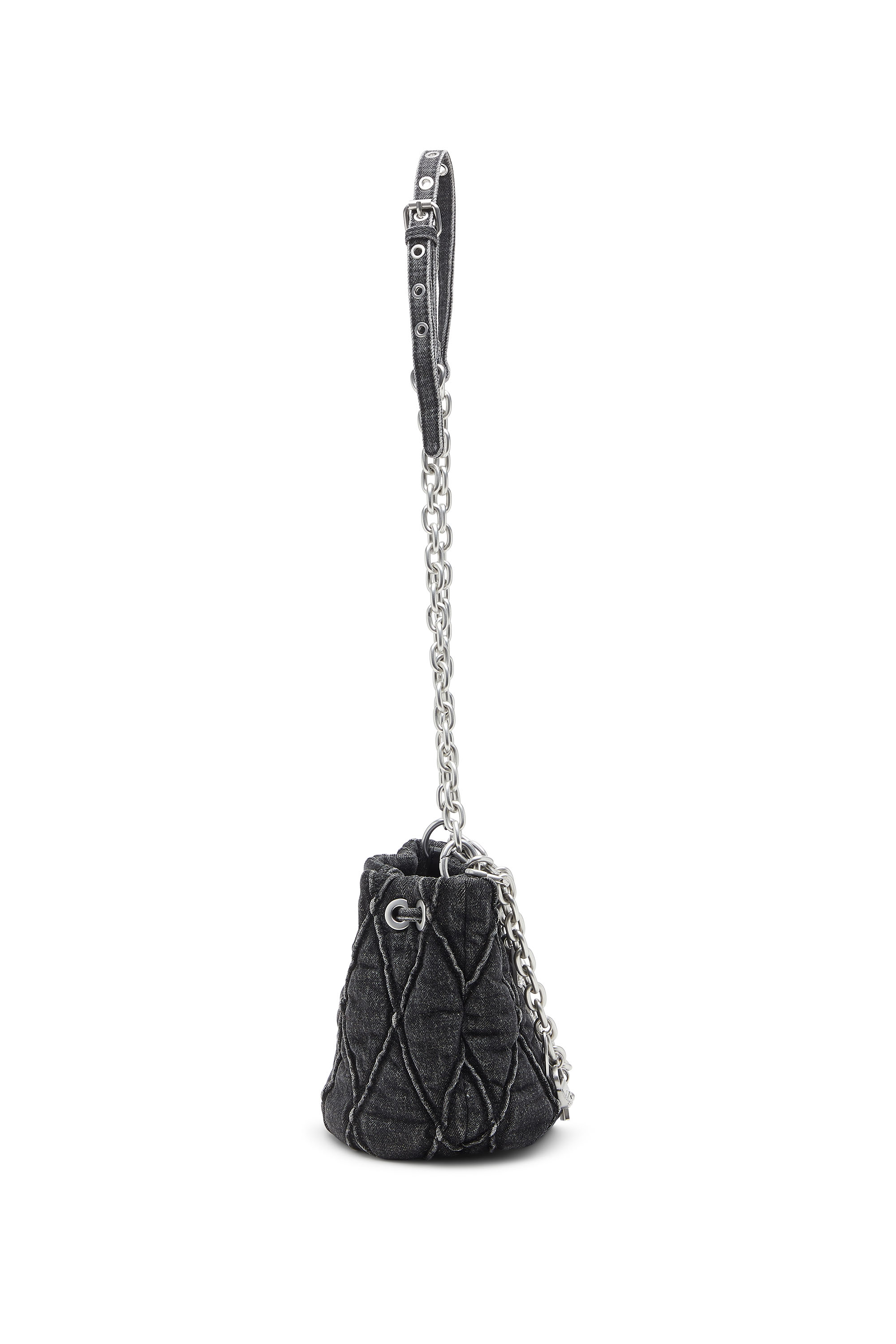 Diesel - HOSHI CHARM-D BUCKET S, Woman's Quilted-denim bucket bag with chain charms in Black - 4